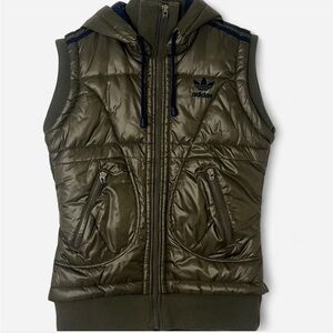 Adidas Originals Hooded Puffer Vest Small Olive Green Full Zip Pockets‎
